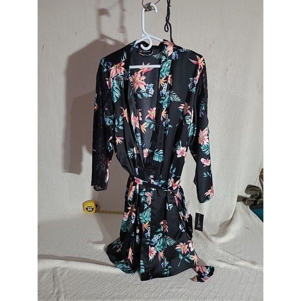 I.N.C-BLACK/MULTI-FLORAL -POCKETS-BELTED-LACE TRIM ROBE-SIZE-xxl NWT-$59.50 Silk